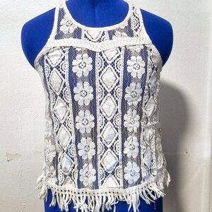 White lace and fringe tank top, size Juniors Small or women's XS